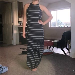 Navy blue and white striped maxi dress